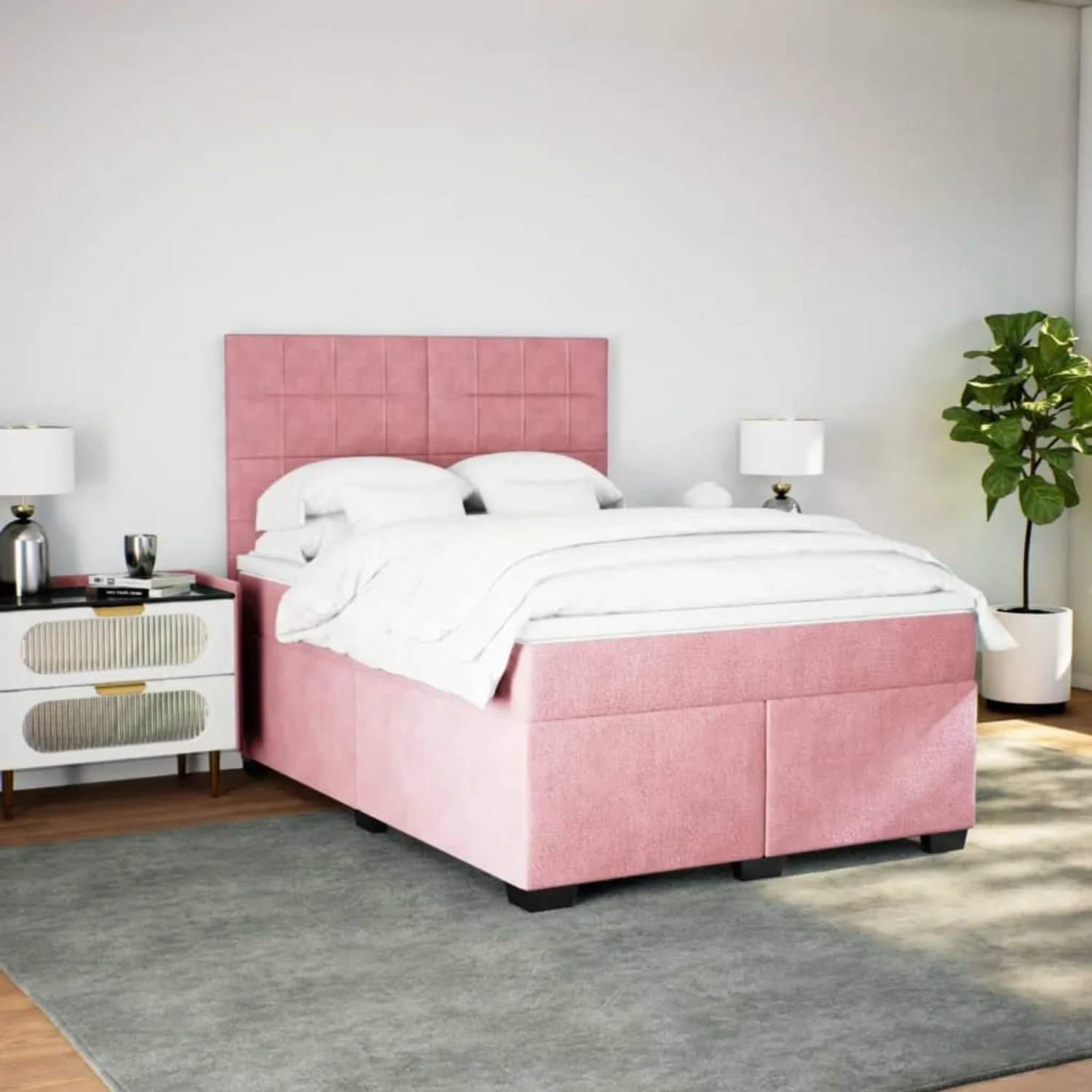 Rosa vidaXL Boxspringbett mit Matratze (160x200 cm) und Kopfteil im Schlafzimmer.