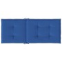 Zwei königsblaue Gartenstuhlauflagen für Hochlehner, gepolstert, mit Knopfheftung und Bindebändern. Ideal für Outdoor-Sitzkissen.