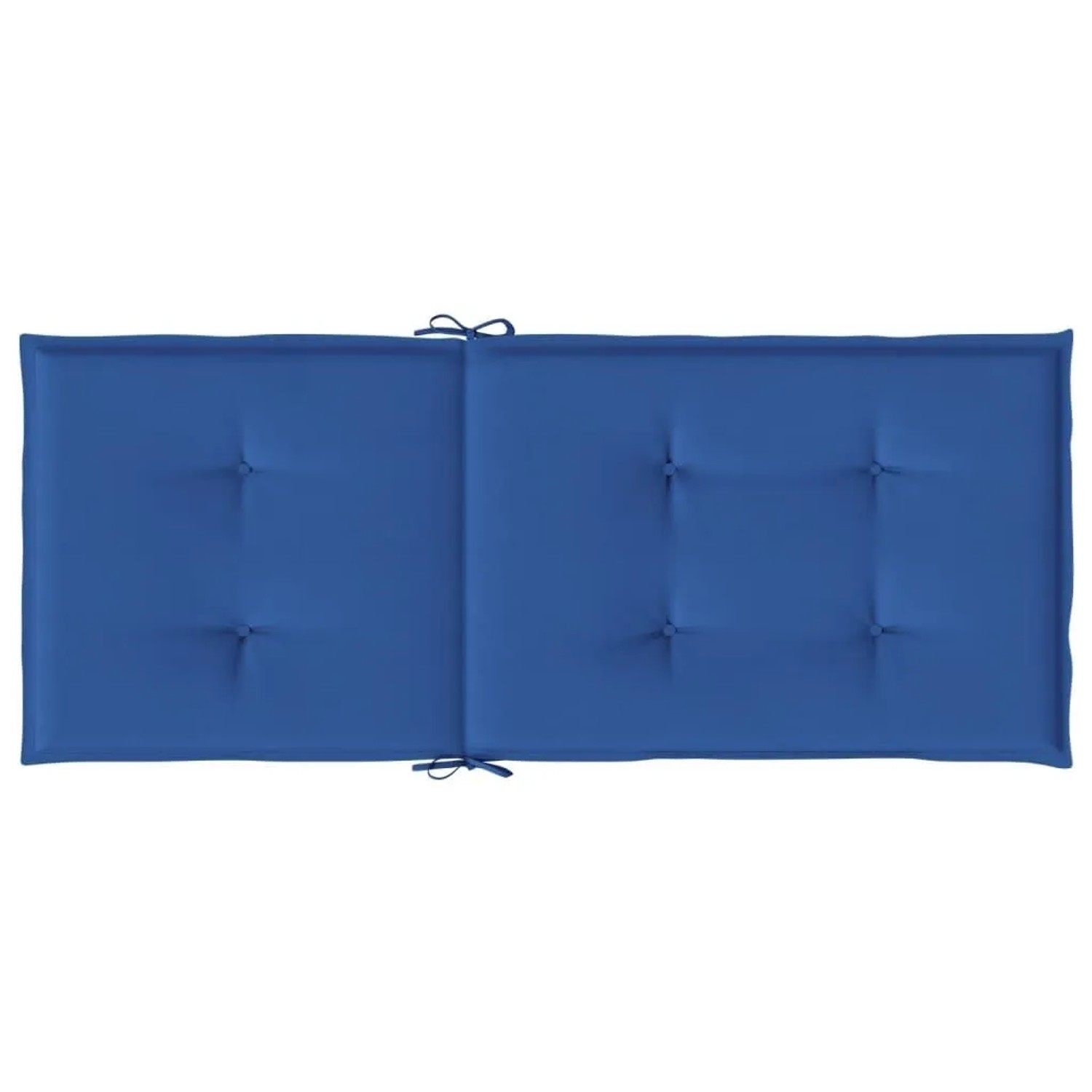 Zwei königsblaue Gartenstuhlauflagen für Hochlehner, gepolstert, mit Knopfheftung und Bindebändern. Ideal für Outdoor-Sitzkissen.