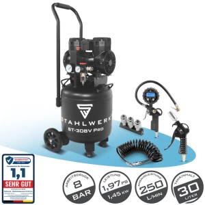 STAHLWERK Kompressor Set mit 30L Tank, Reifenfüller, Schlauch und Pistole. Ideal für Werkstattarbeiten.