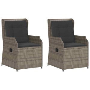 Zwei vidaXL graue Poly-Rattan Loungesessel mit verstellbarer Rückenlehne und dunklen Kissen für den Garten.