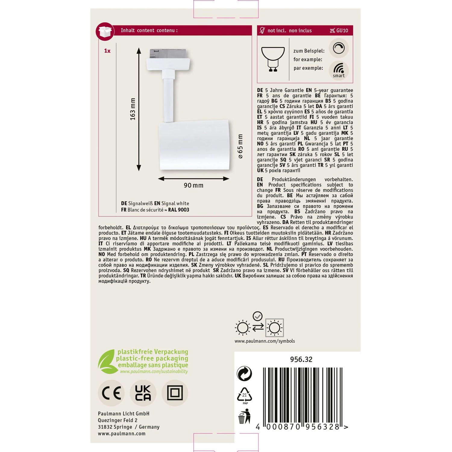 Paulmann URail Schienenspot Luxe, signalweiß, Ø 6,5cm, für LED-Schienensysteme.