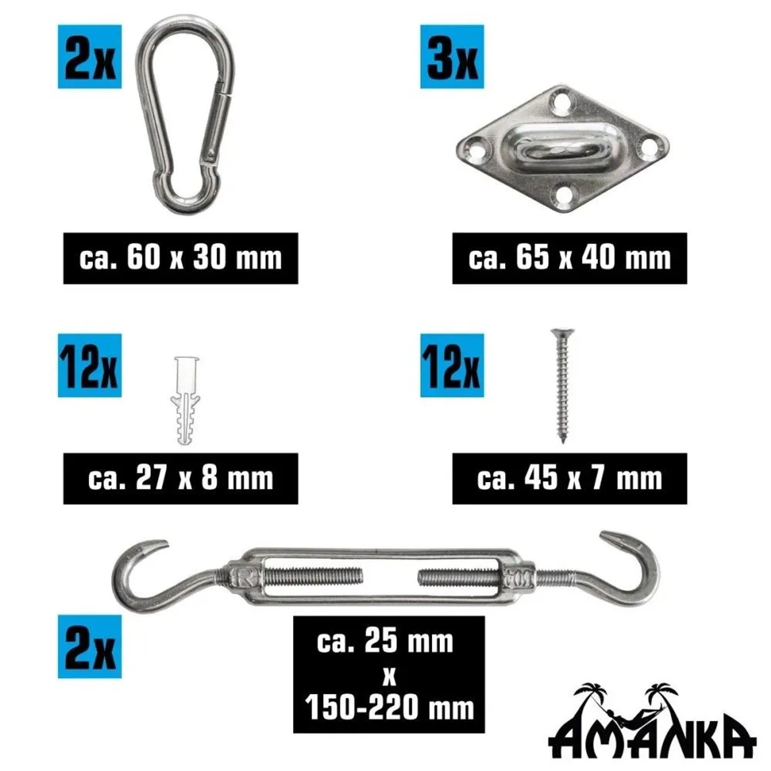 AMANKA Schwerlast Sonnensegel Befestigungsset aus Edelstahl: Karabiner, Spannschrauben, Wandhaken, Schrauben, Dübel für dreieckige Segel.