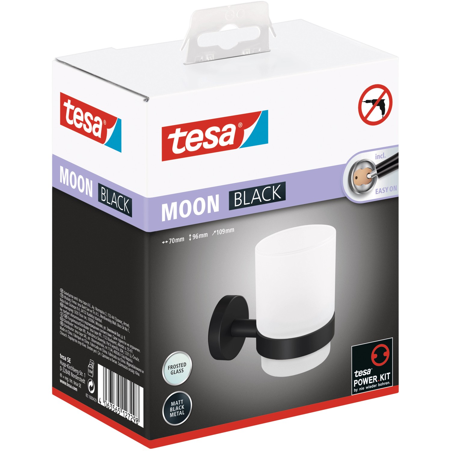 Tesa Moon Black Zahnputzbecher mit Halter, mattschwarz, satiniertes Glas, zur Wandmontage ohne Bohren.