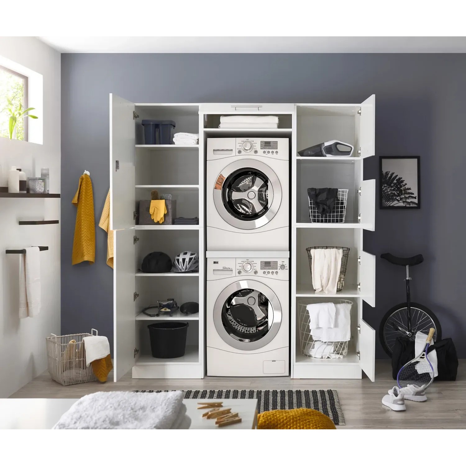 Respekta Hauswirtschaftsraum Set Clara, 200cm, Weiß Matt, mit Waschmaschine und Trockner