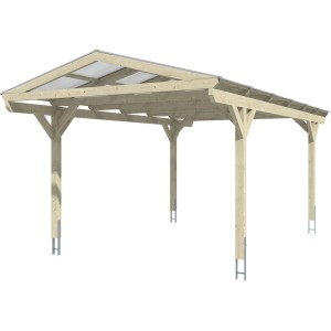 Skan Holz Carport Westerwald Eiche hell, Einzelcarport mit Doppelstegplatten und 4 Pfosten.