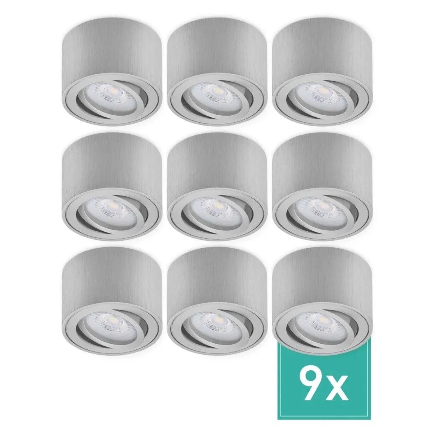 Oktaplex Lile S 9er Set LED-Deckenspots Aufputz Alu Gebürstet Schwenkbar 4,8W 2700K Warmweiß 230V Aufbaustrahler