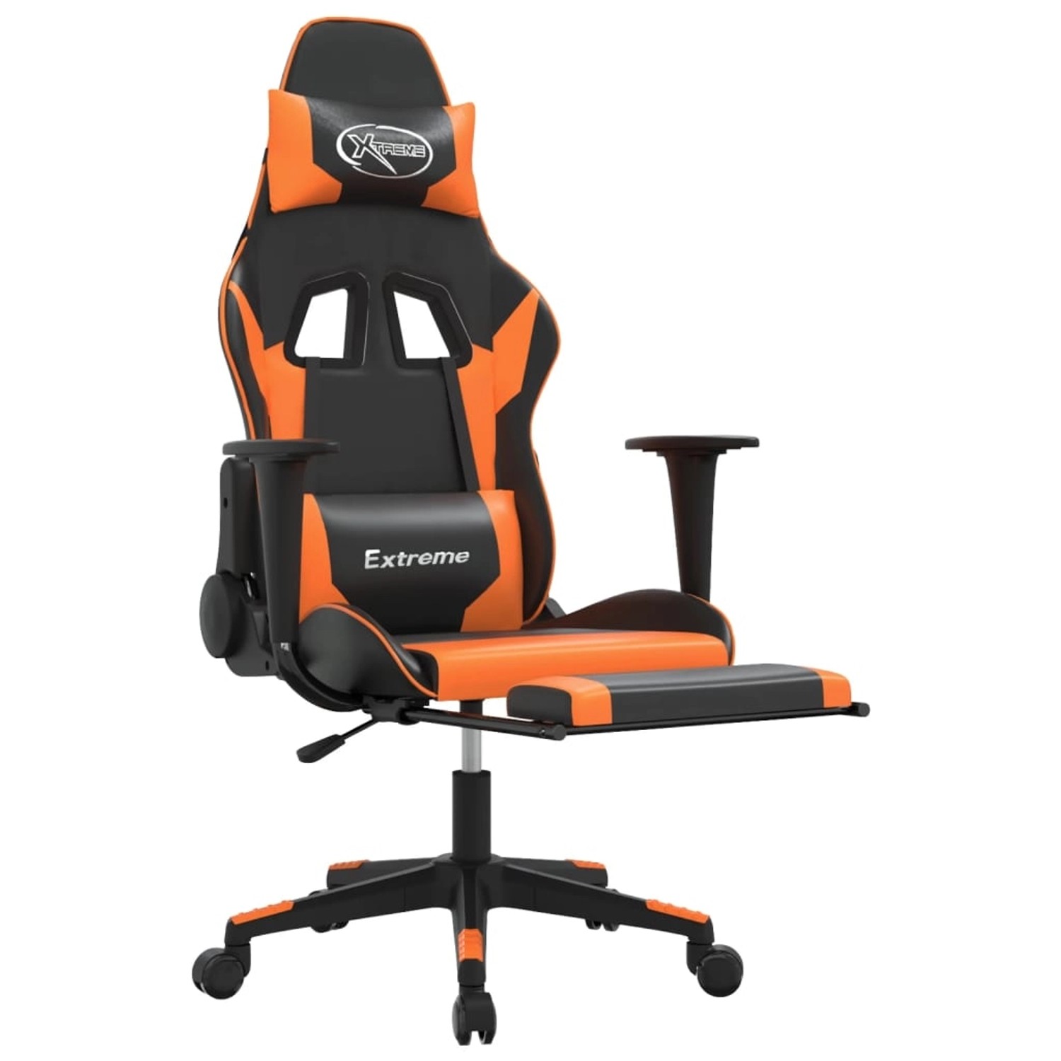 Gaming-Stuhl in Schwarz und Orange mit Fußstütze und Massagefunktion.