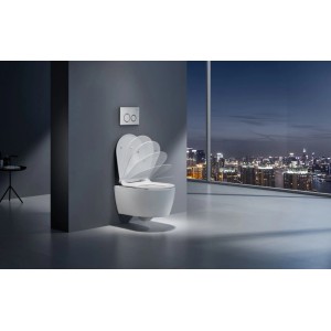 Weißes NEG Hänge-WC Uno55T mit Softclose WC-Sitz in modernem Bad, beleuchtet, mit Stadtblick bei Nacht.