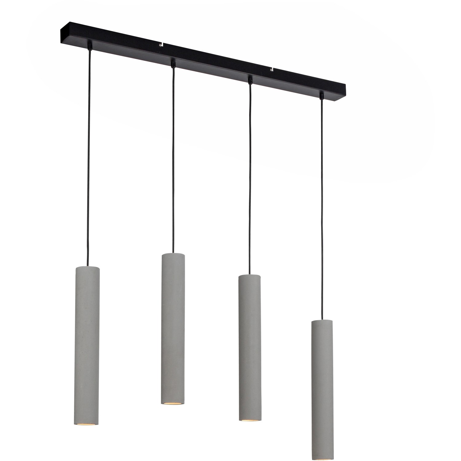 Moderne Paul Neuhaus Pendelleuchte Eton in Betonoptik mit vier zylindrischen Lampen.