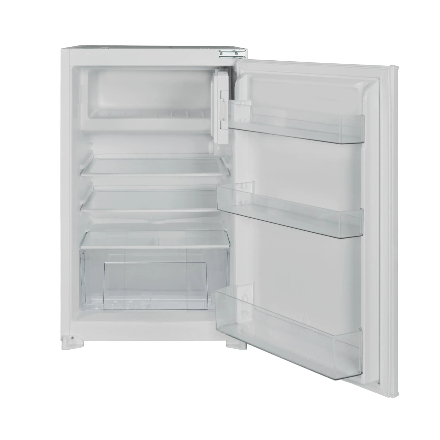 Offener, weißer Einbau-Kühlschrank mit Gefrierfach als Teil der Flex-Well Classic Küchenzeile.