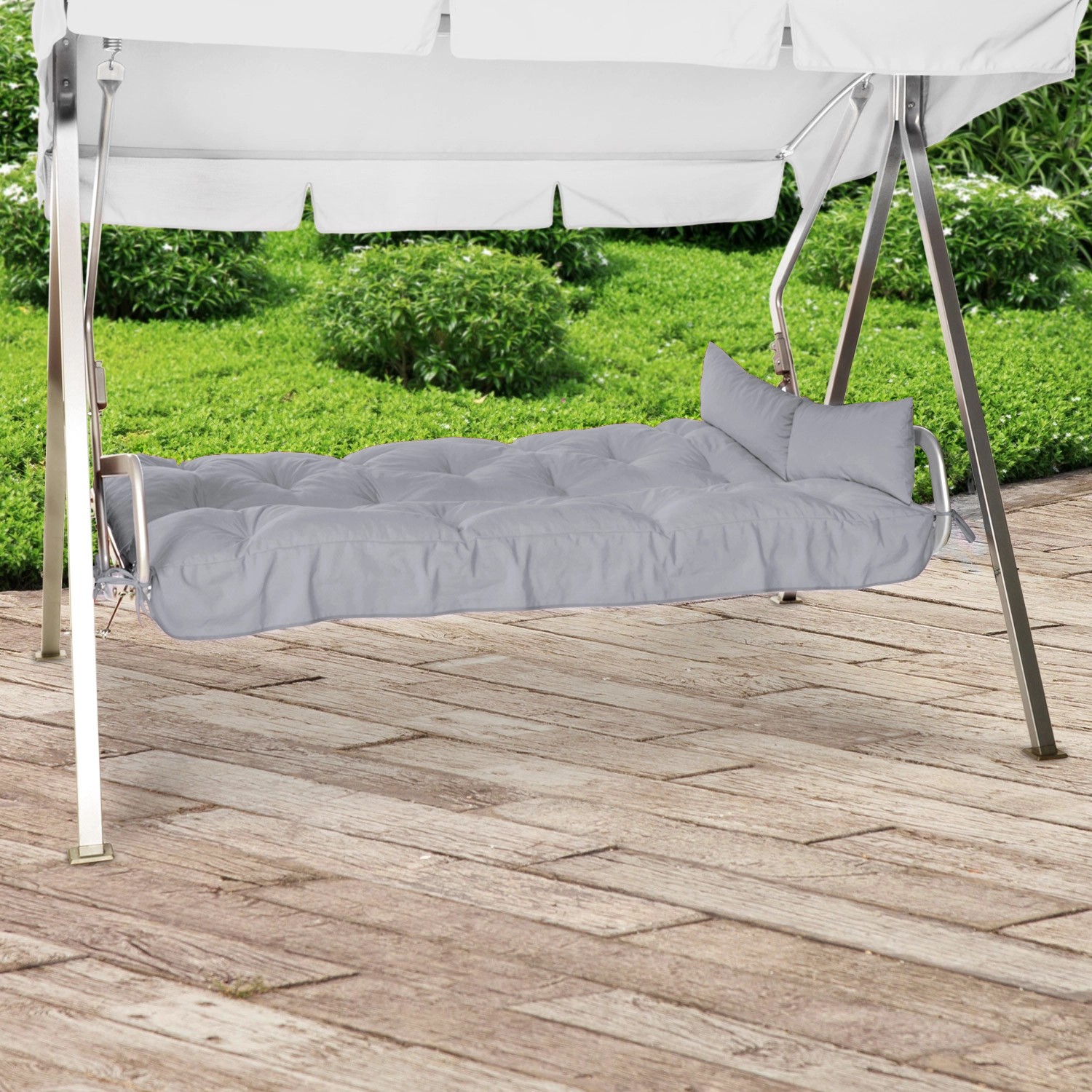 Hellgraue Beautissu Hollywoodschaukelauflage 180x50 cm mit Kissen für 3-Sitzer Schaukeln.