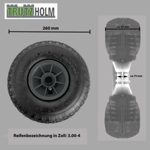Graues TRUTZHOLM Sackkarrenrad 260x85mm mit zentrierter Nabe für Baumaschinen.