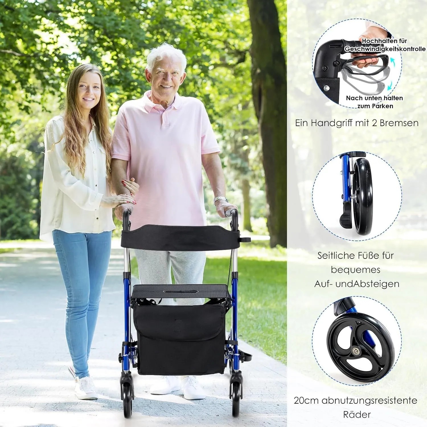 Costway Rollator, faltbar, blau, mit Sitz, als Gehhilfe und Ruhestuhl nutzbar.