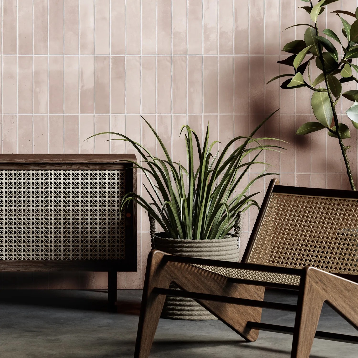 Grosfillex Wandpaneele Element 3D Optik Vertical Tiles Rose im Raum mit Möbeln und Pflanzen.