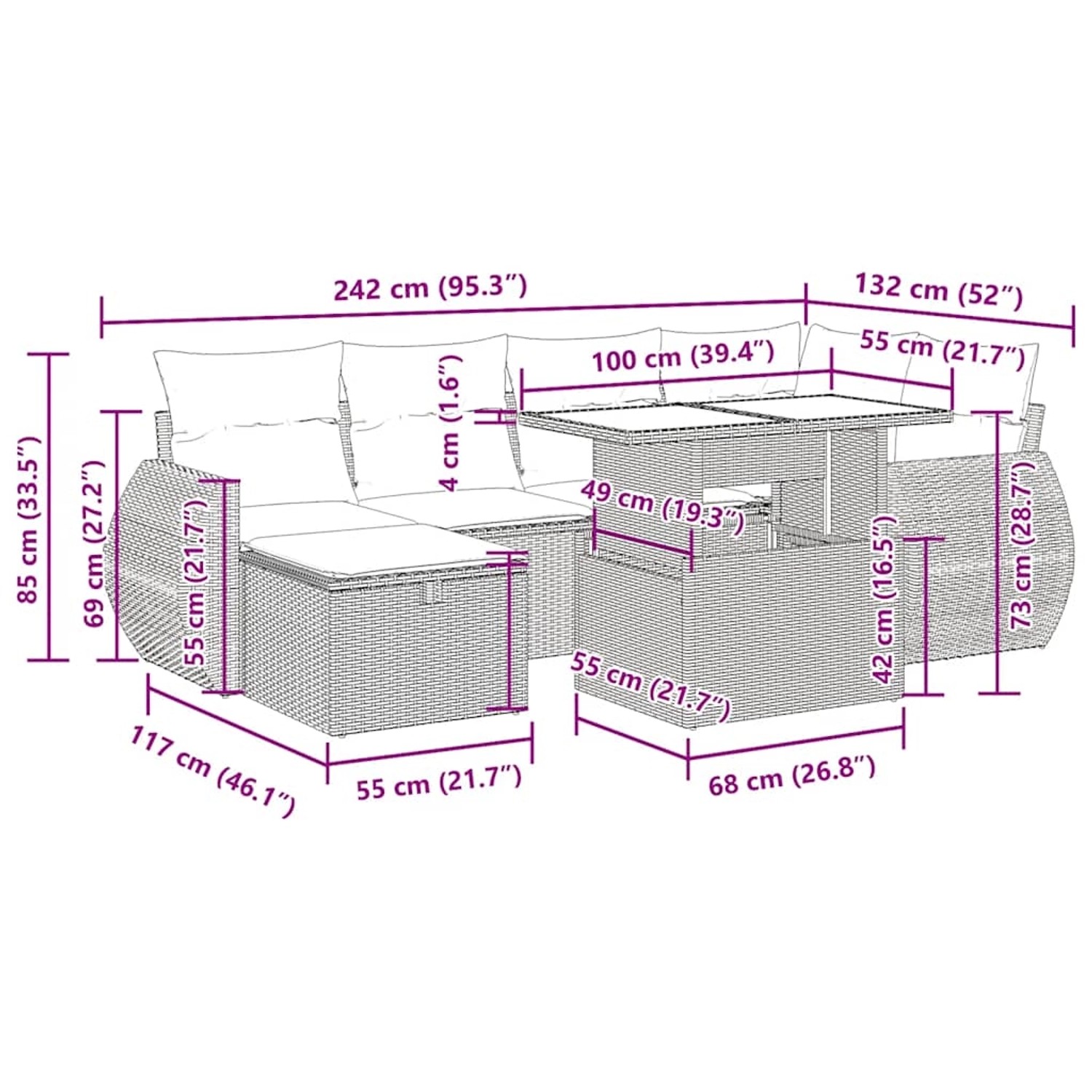 Hellgraue 7-tlg. vidaXL Garten-Sofagarnitur aus Poly Rattan mit Kissen und Maßangaben.