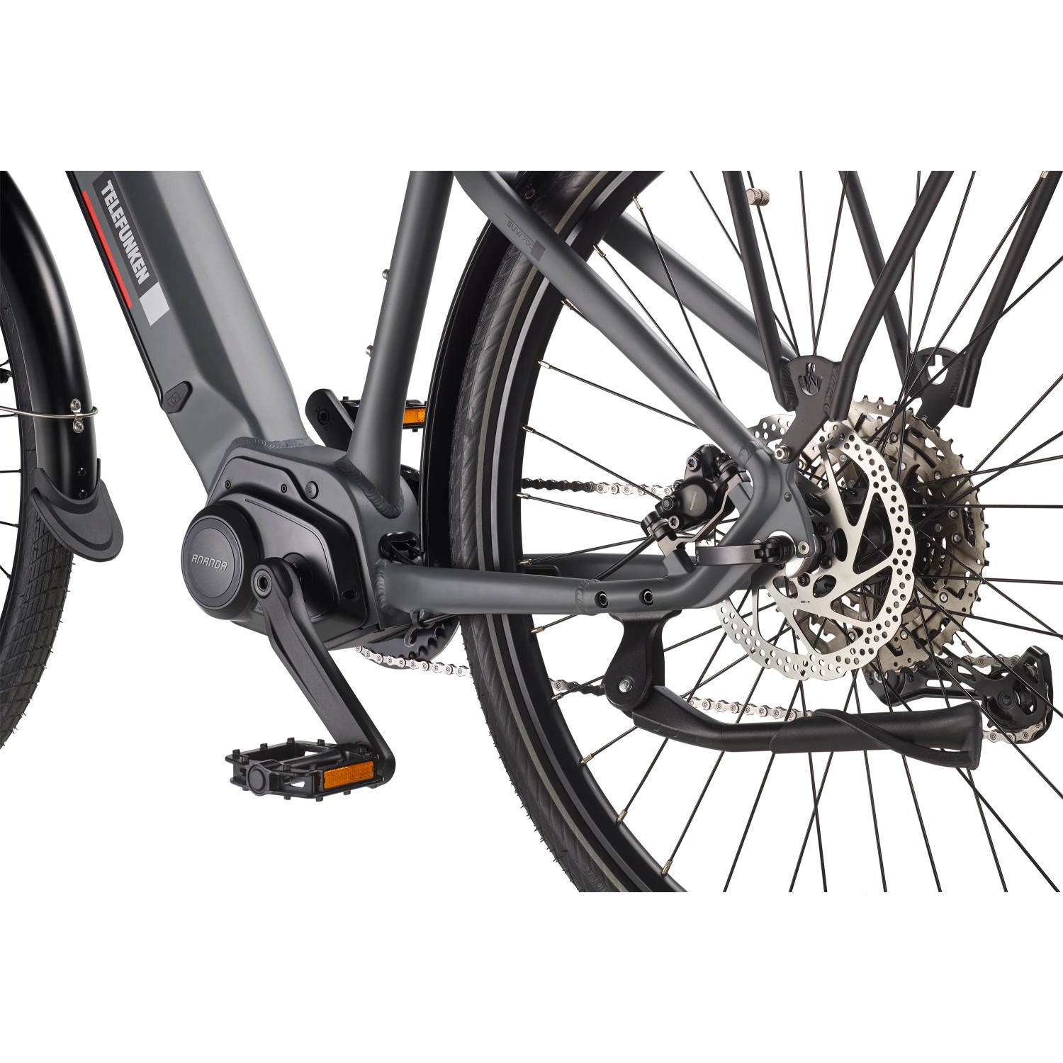 Detailansicht Telefunken SUV E-Bike 29 Zoll: Mittelmotor, Kettenschaltung, Scheibenbremse.