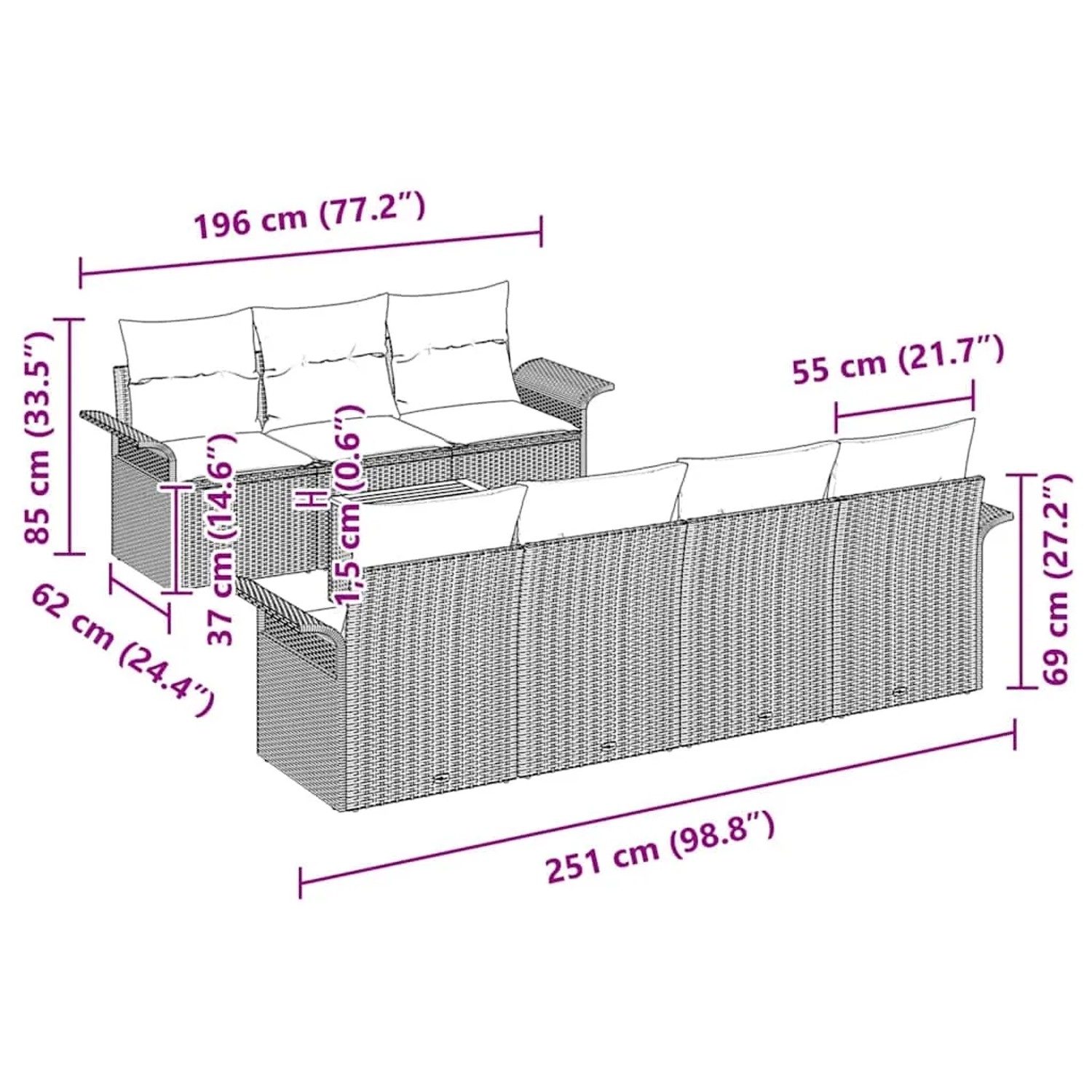 vidaXL Gartenmöbel Set, 8-teilig, beige Poly Rattan, mit Maßen. Ideal für Terrasse und Garten.