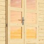 Detailaufnahme: Naturbelassenes Karibu Holz-Gartenhaus Kastberg mit Doppeltür und Glaseinsätzen.