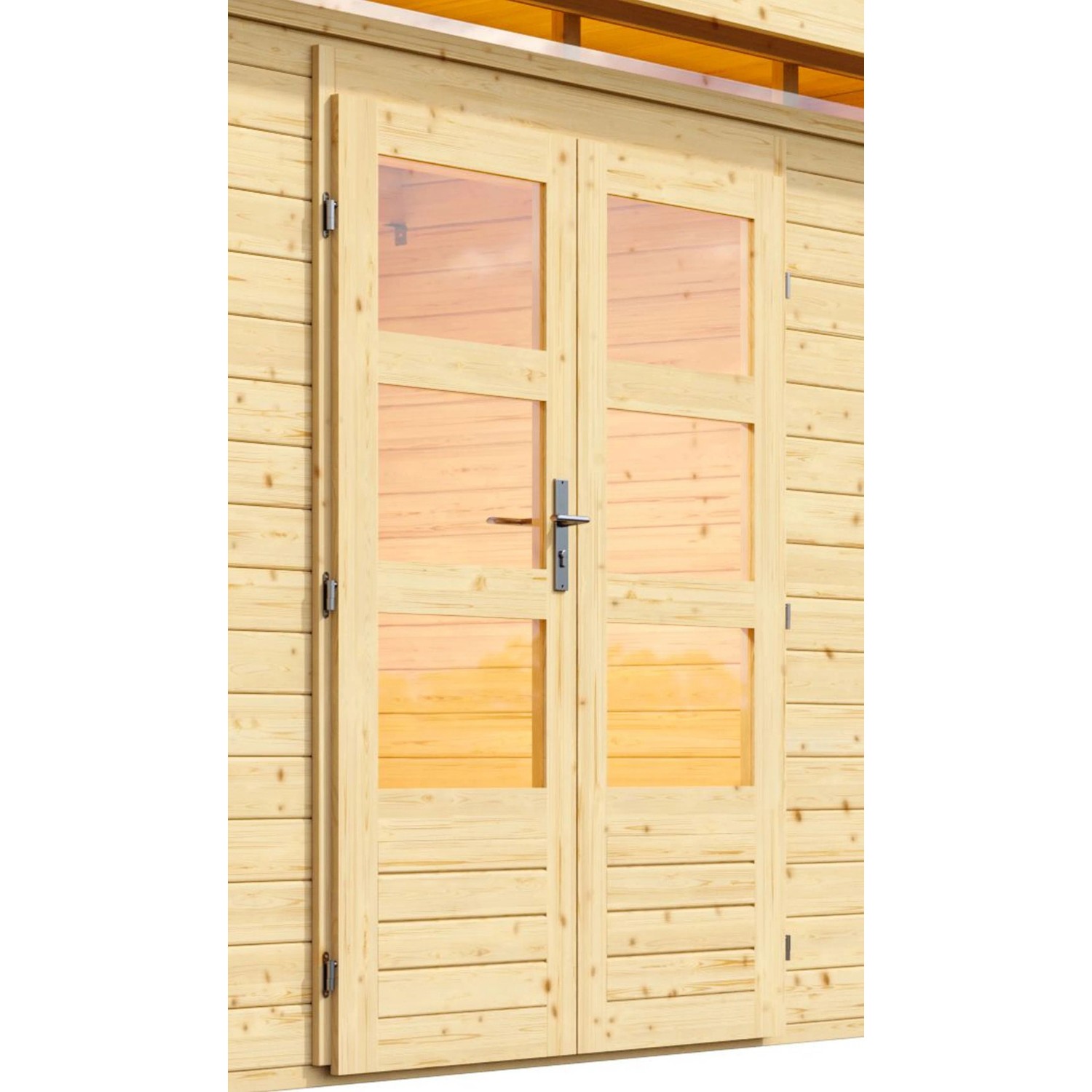 Detailaufnahme: Naturbelassenes Karibu Holz-Gartenhaus Kastberg mit Doppeltür und Glaseinsätzen.