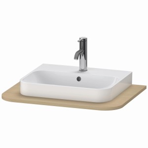 Duravit Happy D.2 Plus Waschtischplatte in Eiche mit Aufsatzwaschbecken und Armatur.