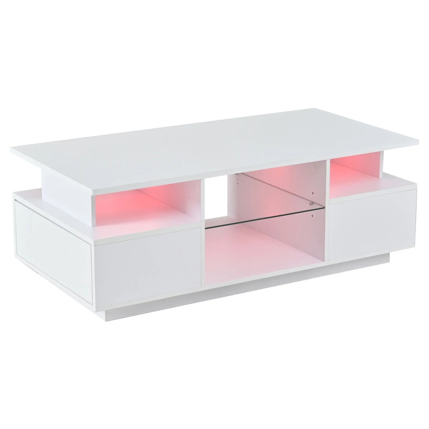 ModernLuxe Couchtisch Hochglanz mit 2 Schubladen LED Glasabtrennung Spanplatte Weiß