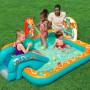 Bestway Wasserspielcenter Retro Welt mit Rutsche, Sprinkler und spielenden Kindern im Garten.