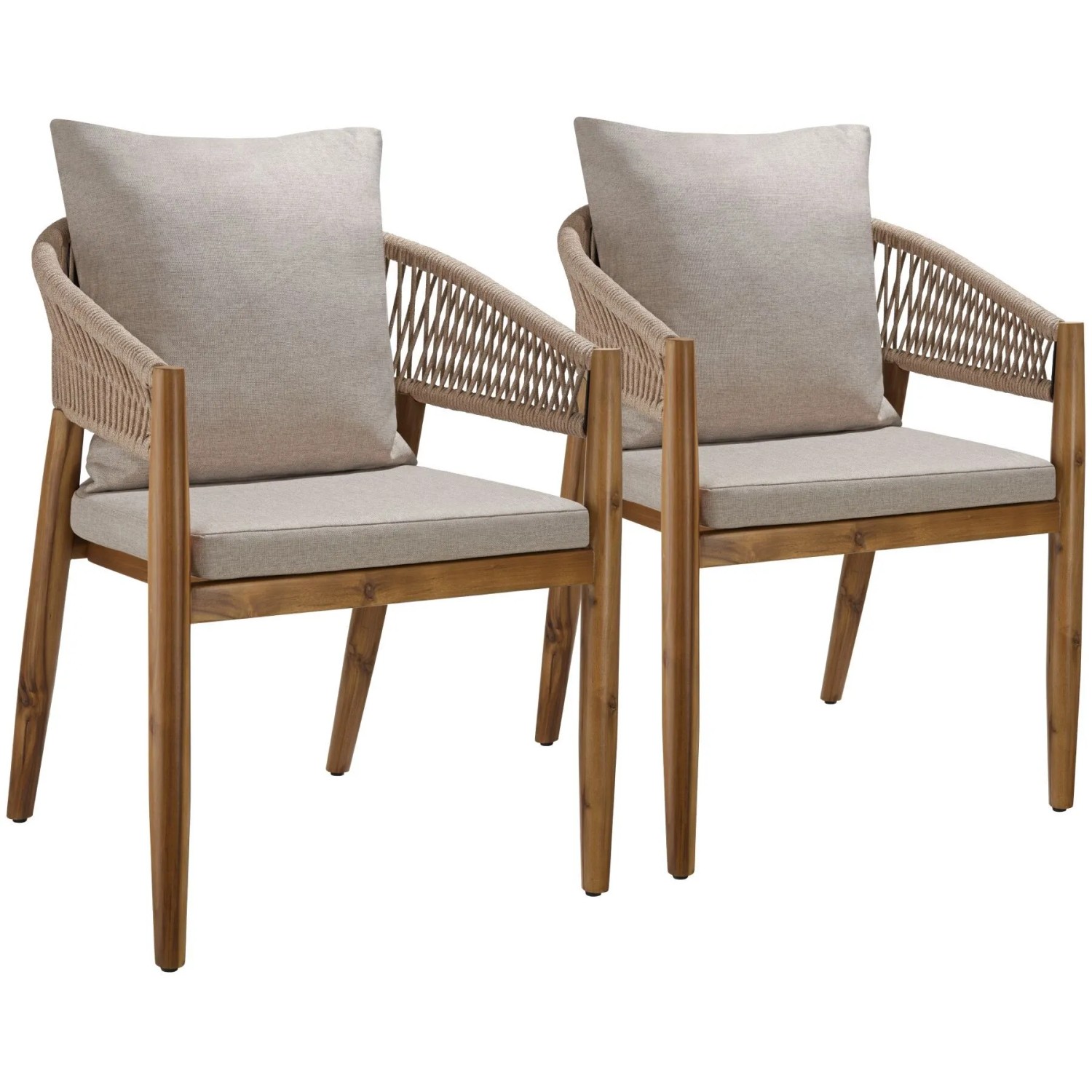 Tectake Gartenstuhl Manacor Lasiertes Akazienholz  Wetterfest Arm  und Rückenlehne Im Rope Design 2Er Set 58 x 59 x 76 50 cm Sand