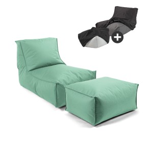 mokebo Sitzsack mit Hocker, wasserabweisend, beige-grün. Ideal für Garten & Balkon.