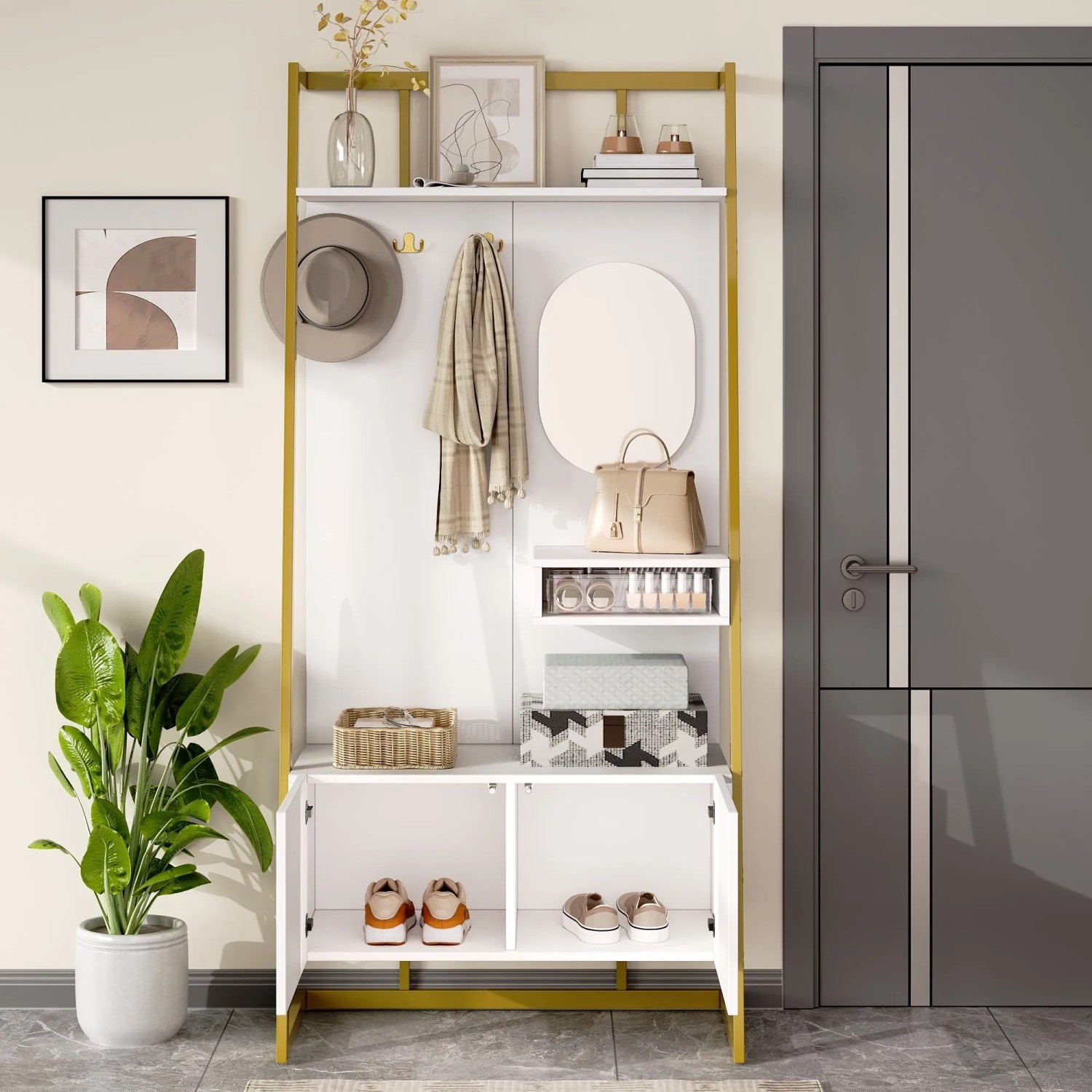 Weißes Garderoben Set mit goldenem Metallrahmen, Spiegel, Haken und Schuhschrank im Flur. Praktische Flurgarderobe.