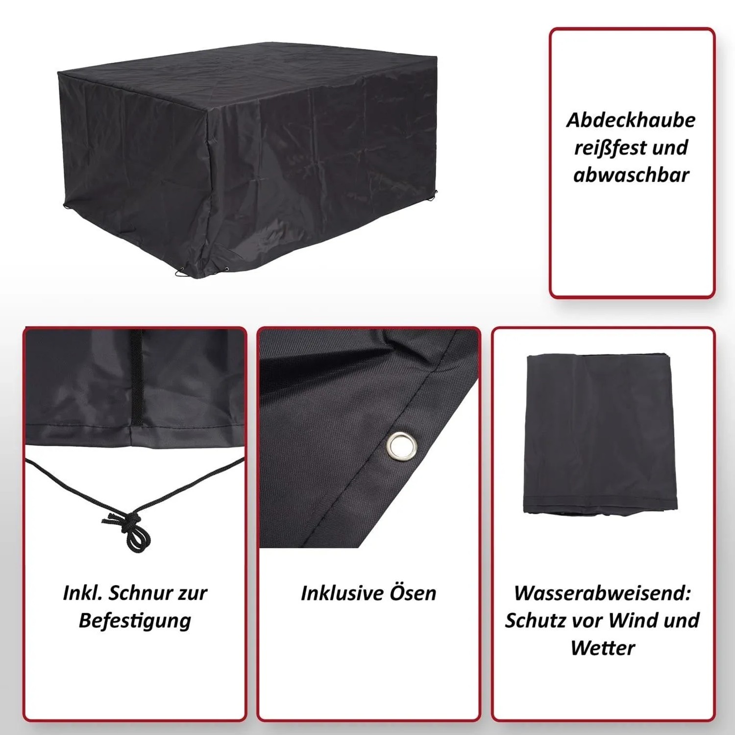 Schwarze, rechteckige Abdeckhaube für Tische. Wasserabweisend, reißfest, mit Ösen und Schnur für Wetterschutz.