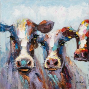 Leinwandbild Bunte Kühe 60x60 cm. Handgemaltes Tiermotiv mit drei farbenfrohen Kühen in abstraktem Stil. Dekoartikel.