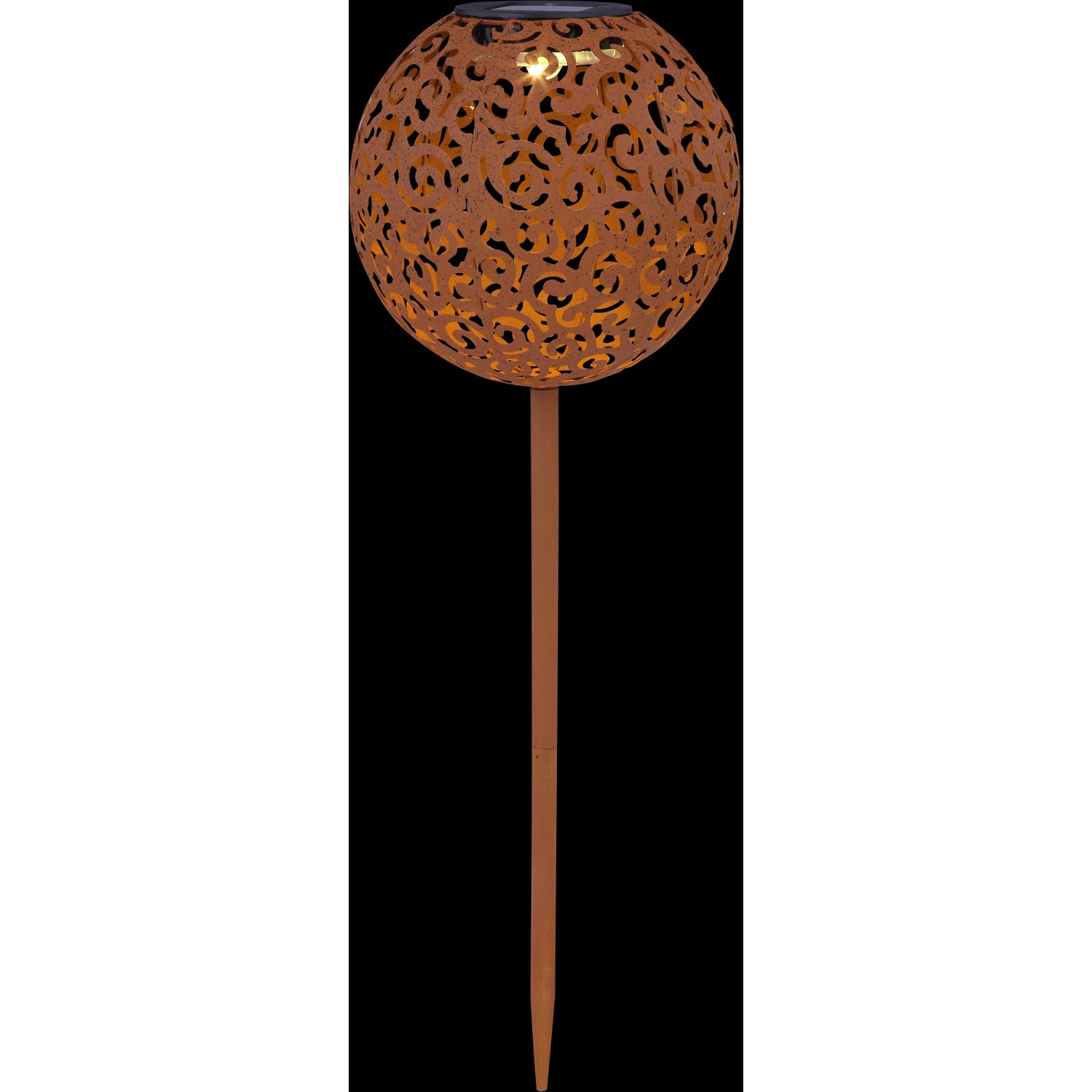 Rostfarbene LED-Solar-Kugel-Außenleuchte mit Dekorgeflecht und Erdspieß, 54 cm hoch.