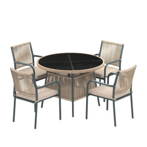 5-teiliges Gartenmöbel-Set: runder Glastisch, 4 Armlehnstühle. Graues Gestell, beiges Rattan, Kissen. Für Terrasse, Balkon.