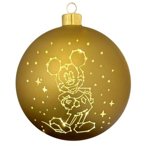 Goldene Disney Weihnachtskugel mit beleuchtetem Mickey Mouse Sternenmotiv. Festliche Glas-Dekoration für Weihnachten.