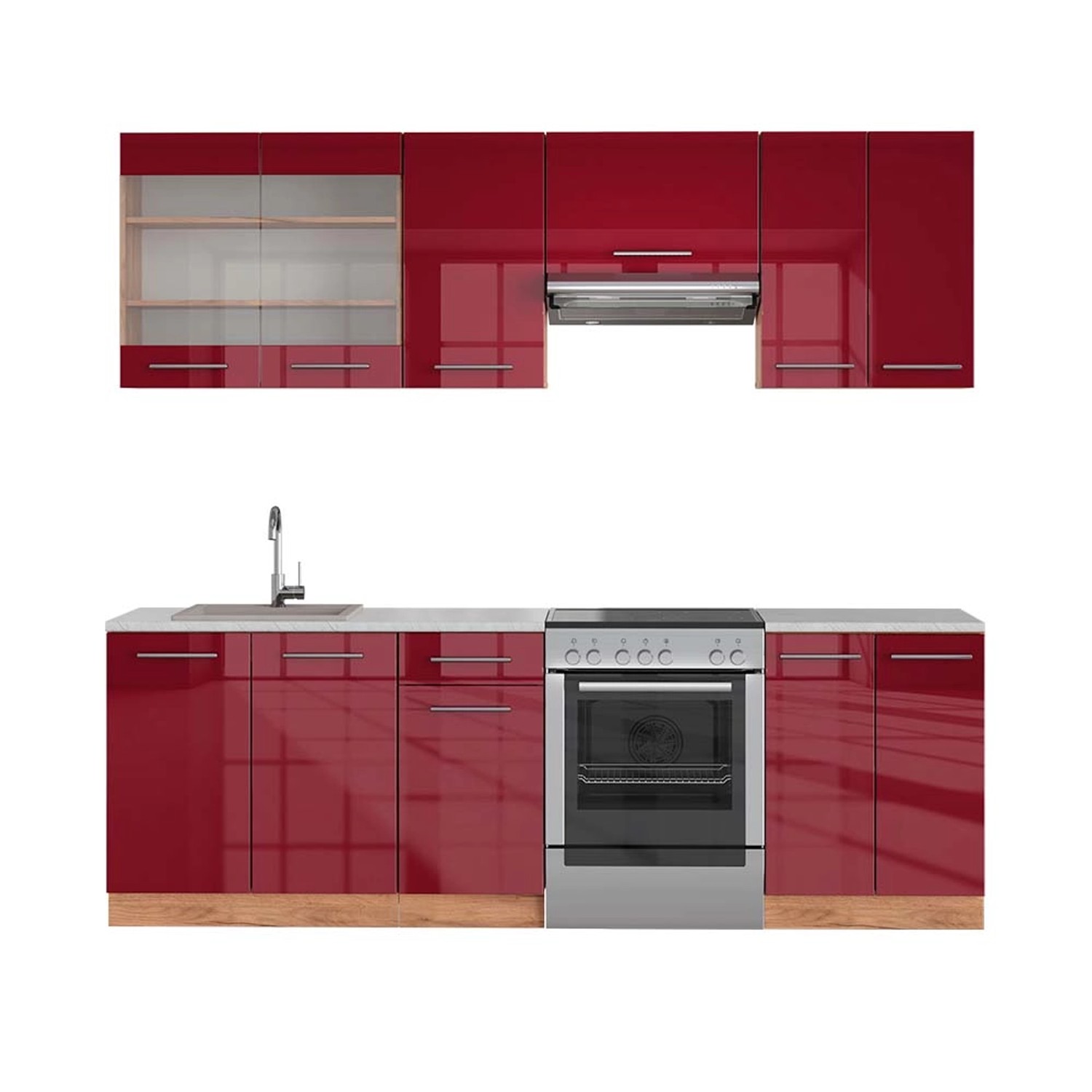 Vicco Fame-Line Küchenzeile Bordeaux Hochglanz/Goldkraft Eiche 240 cm AP Ma günstig online kaufen