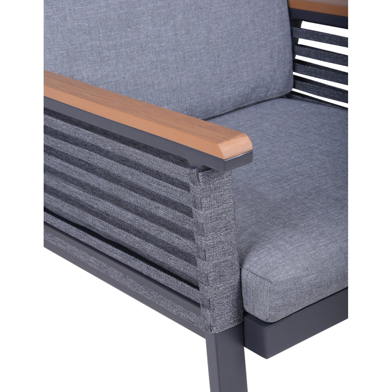 Detailansicht: Garden Pleasure Stuhl Denia, 2er Set, dunkelgrau, mit grauer Auflage und Armlehne in Holzoptik.