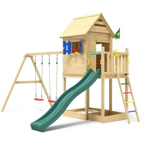 Jungle Gym Spielturm Hideout mit Dach, 2 Schaukeln und Rutsche. Holz natur, Rutsche dunkelgrün.