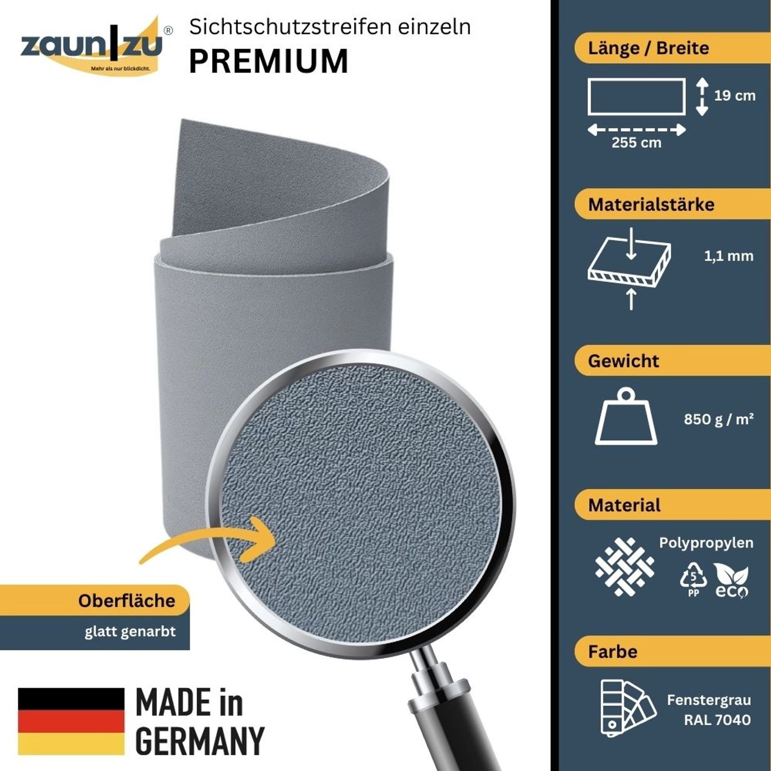 zaunzu Sichtschutzstreifen Premium, Fenstergrau, genarbte Lederstruktur, 2,55m