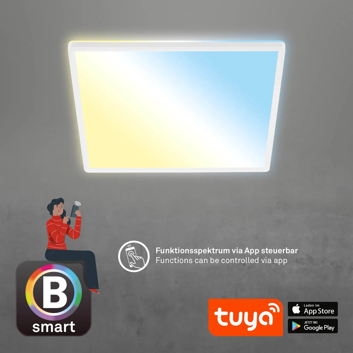 Smarte, weiße Brilo WiFi LED Deckenleuchte Slim, steuerbar per App und Sprache, 42x42 cm.