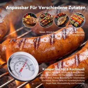 HOMAVO Holzkohlegrill mit Würstchen und Thermometer auf dem Grillrost.