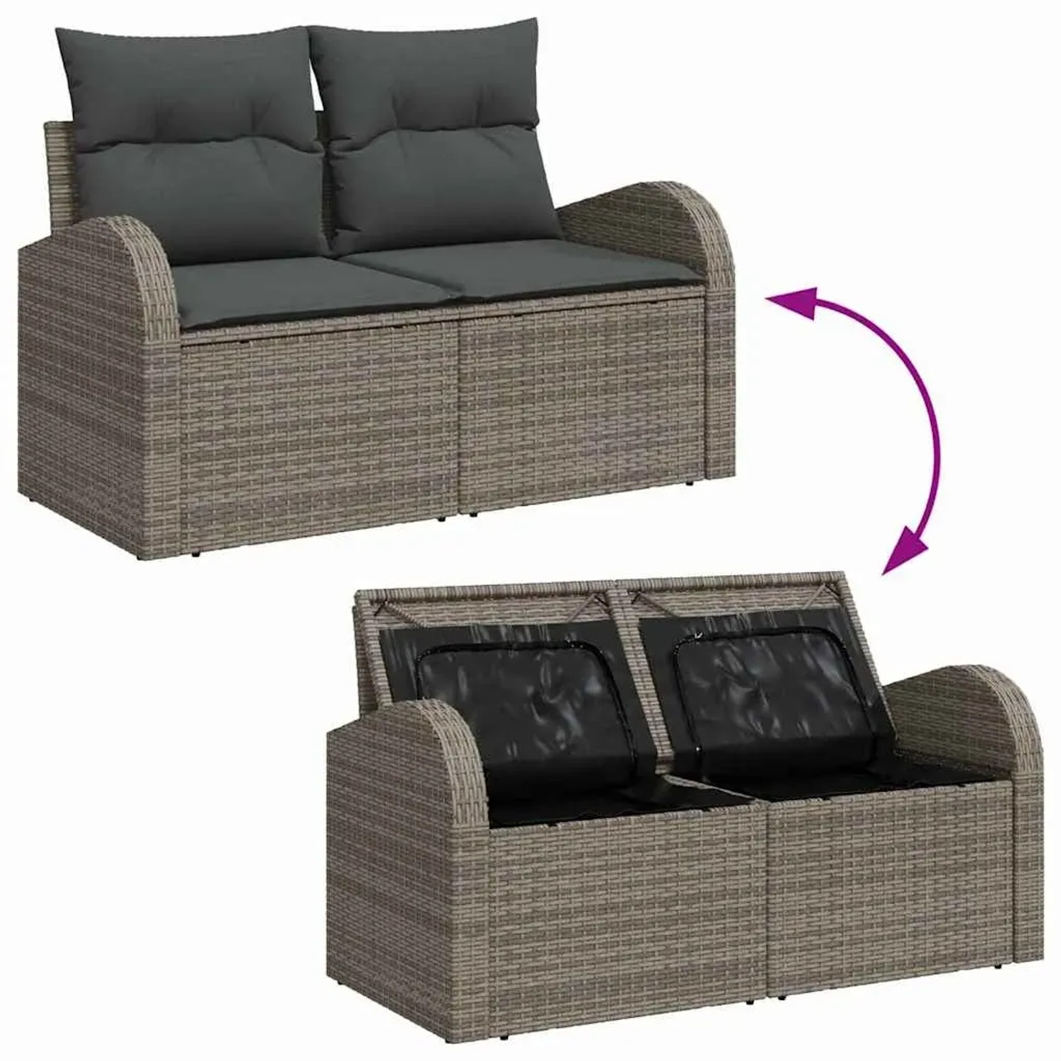 Graues 8-teiliges Garten-Sofa-Set aus Polyrattan mit Kissen und Stauraum.