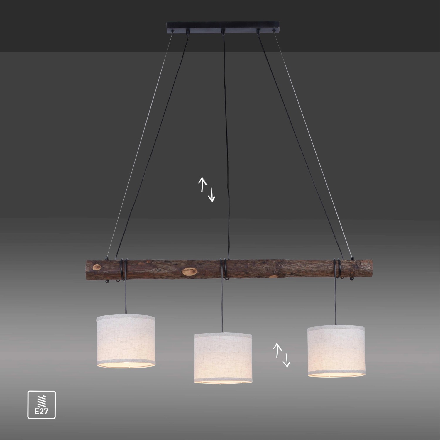 Rustikale Pendelleuchte Bark mit Holzdekor und drei beigen Lampenschirmen. Höhe der Hängelampe ist verstellbar.