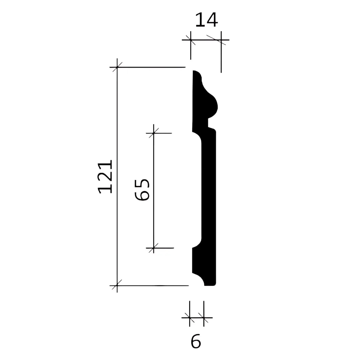 Technische Zeichnung einer weißen PROFHOME Sockelleiste (121x14mm) im Neo-Klassizismus Stil.