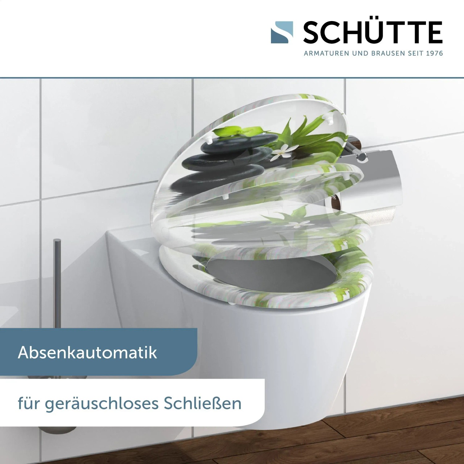 Schütte WC-Sitz Jasmin mit Absenkautomatik und Motivdruck auf einem weißen WC.