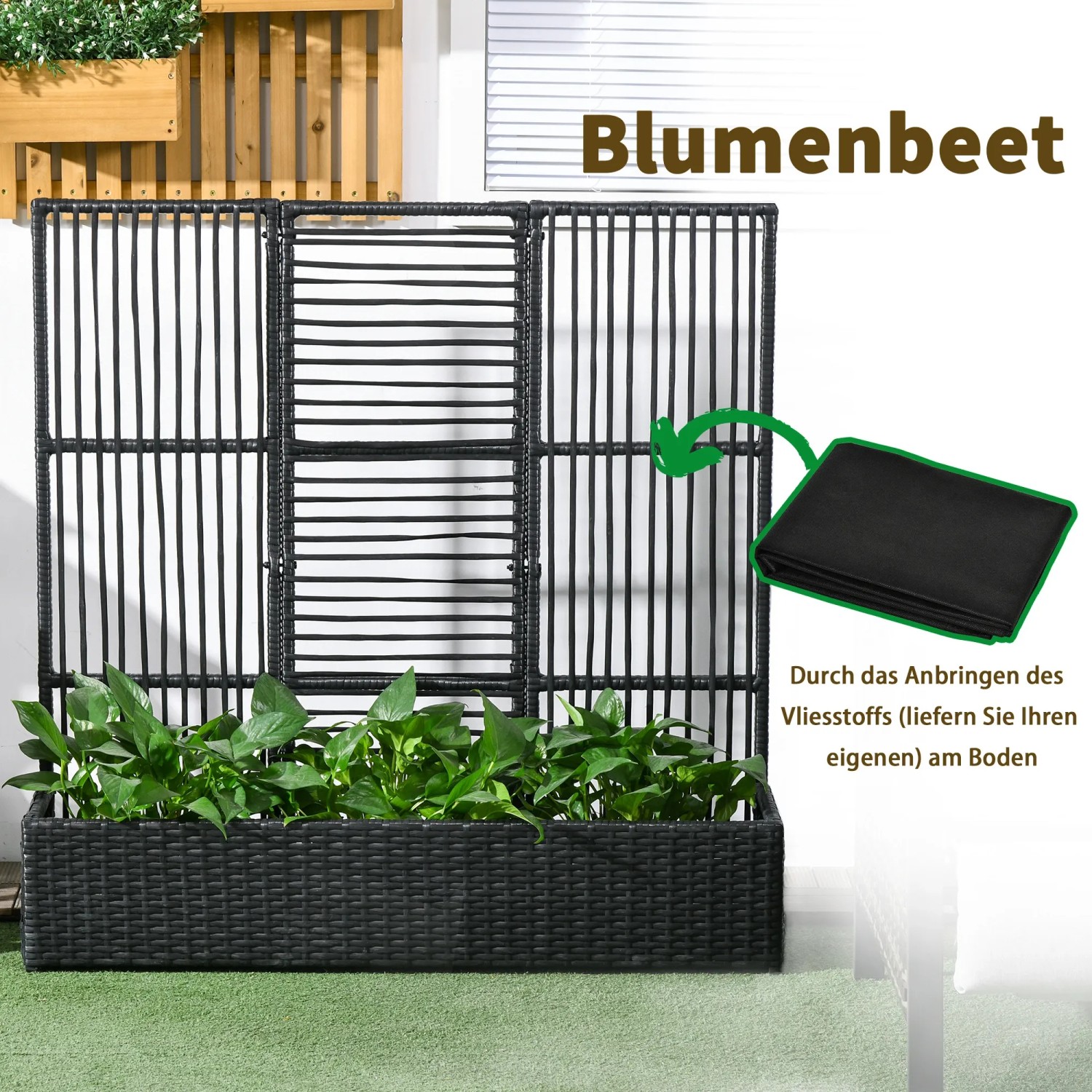 Schwarzer Outsunny Blumenkasten mit Spalier aus PE-Rattan und Stahl, 103x103x29cm.