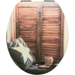 WC-Sitz High-Gloss Dekor Chill-Out Lounge mit Absenkautomatik, Motiv: Fensterbank mit Kissen und Tasse.