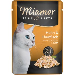 Miamor Katzen-Nassfutter mit Huhn und Thunfisch in Jelly, feine Filets im 100g-Beutel.