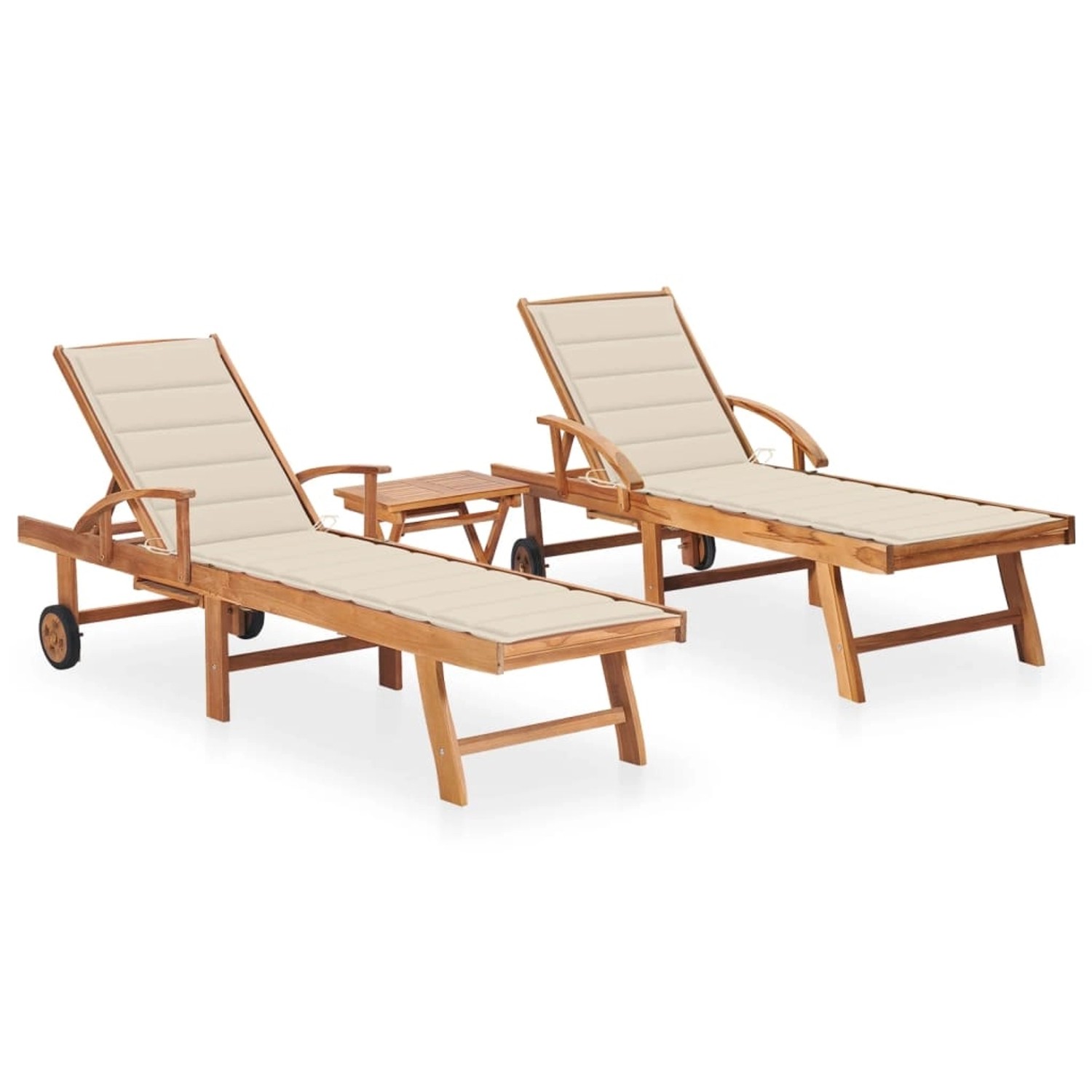 vidaXL Sonnenliegen 2 Stk. mit Tisch und Auflagen Massivholz Teak Kissenfarbe  Creme