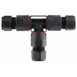 Wasserdichter T-Stecker IP68 für Kabel 3 x 1,0-2,5 mm² in Schwarz.